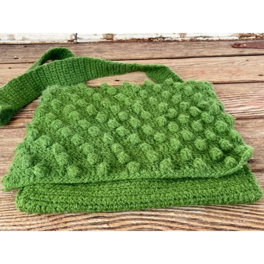 Vintage 1970s Kelley green Popcorn Crochet Purse MOD Retro - Picture 6 of 8